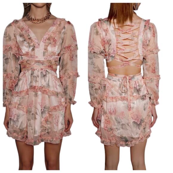 Guilty of Glam Floral Cutout Lace Up Mini Dress Blush Pink Ruffles Date Night S - Picture 1 of 12